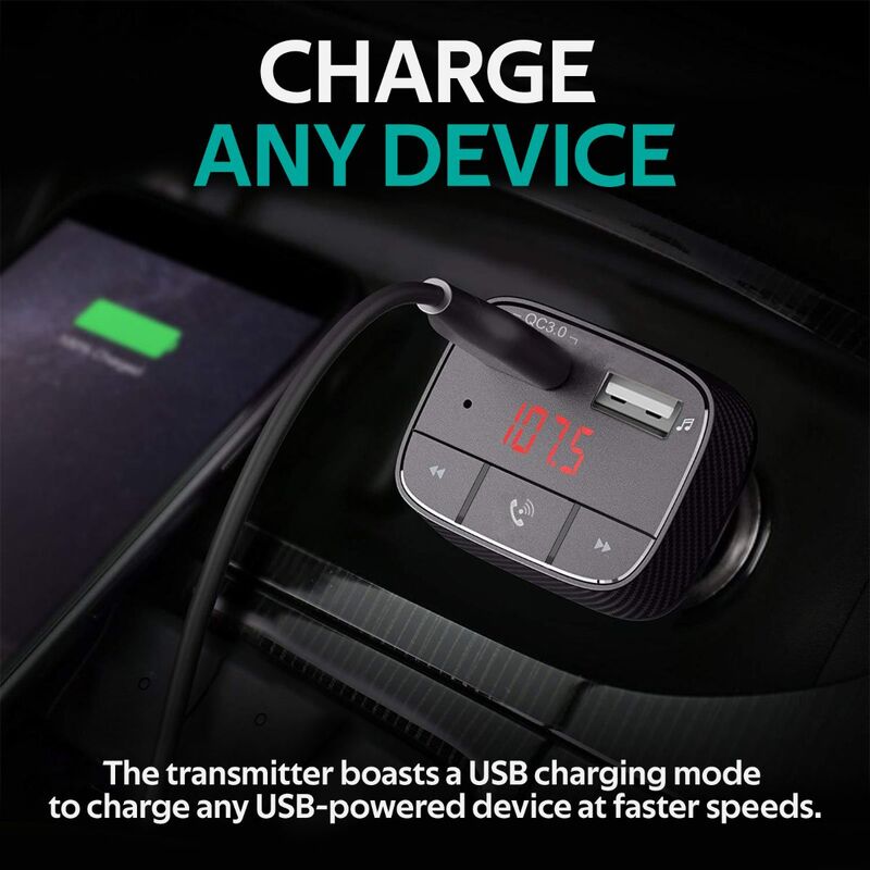 Promate SmarTune 2+ Car Charger, Wireless Radio Adapter Hands-Free Car Kit, with Ultra-Fast Quick Charge 3.0 Port, Bluetooth V5.0, FM Transmitter, Remote Control and LED Display, Black