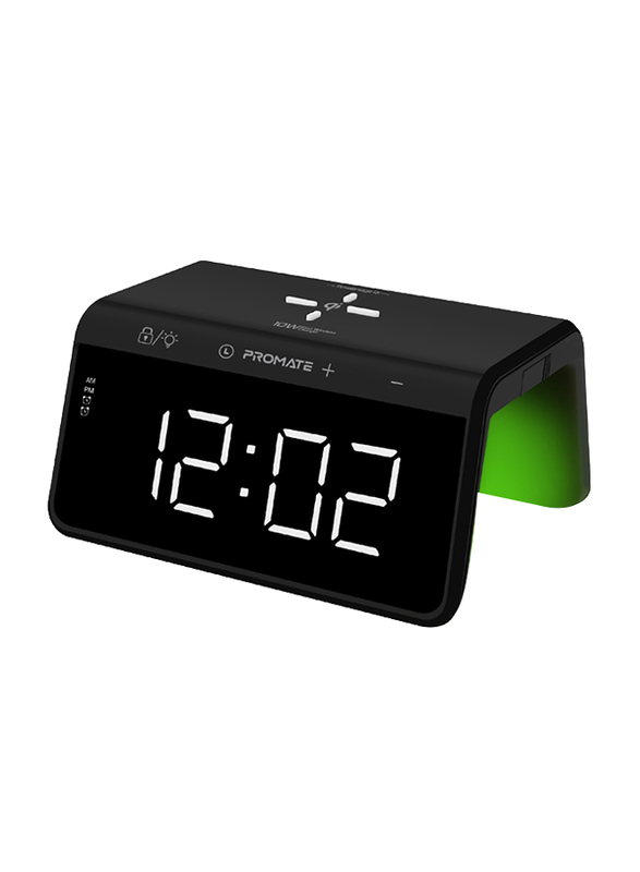 Promate 10W Qi Wireless Charging Pad with Digital Alarm Clock, Black