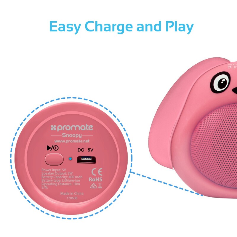 Promate Snoopy Wireless Speaker, Portable Kids Bluetooth v4.1 Speaker with HD Sound Quality, Hands-Free Call Function and Cute Dog Design, Pink