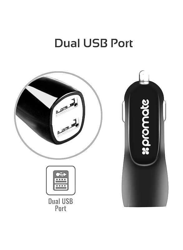 Promate AutoKit-HM 3-In-1 Car Kit, Potable 3.1A Dual USB Car Charger Adapter with USB Type-C to USB Data Sync Cable, Over Charging Protection and Car Phone Mount for Tablets and Mobile Phones, Black