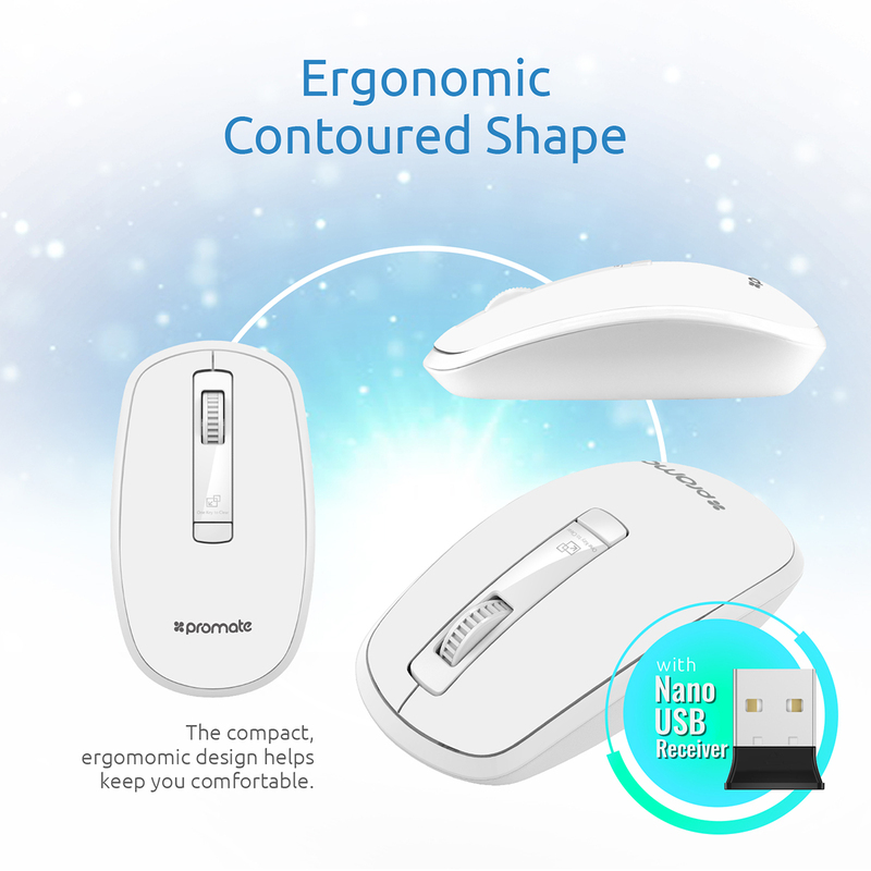 Promate CLIX-3 2.4 Ghz USB Wireless Ergonomic Mouse, Precision Scrolling for Windows Mac, White