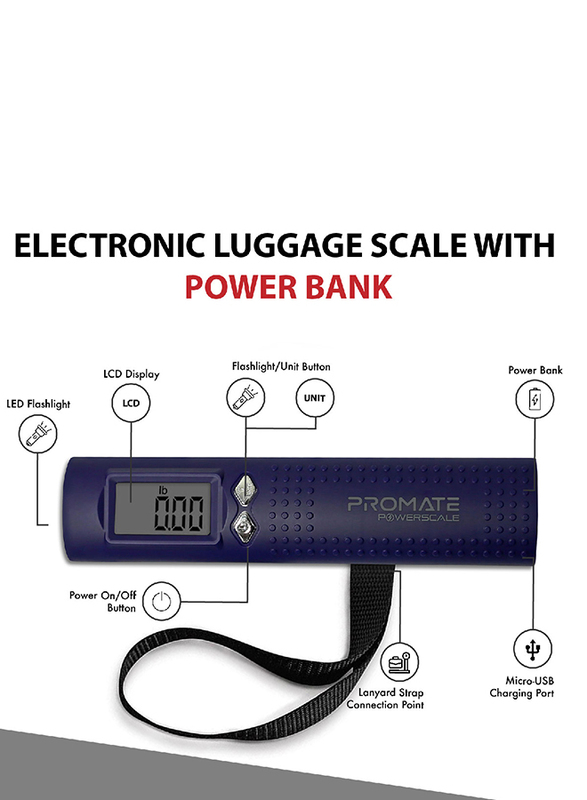 Promate 2600mAh PowerScale Power Bank, Multi-Function 3-in-1 Digital Luggage Scale, Blue