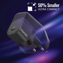 Promate GaN Ultra-Compact USB-C EU Wall Charger with Fast-Charging USB-C 25W Power Delivery Port, PowerPort-25, Black