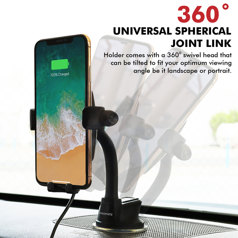 Promate AuraMount-BT Qi-Certified Wireless Car Charger, Auto Clamping 5W/7.5W/10W Fast Charger Car Mount with Wireless Mono Headset, Built-In Mic and 360 Degree Swivel Head, for Mobile Phones, Beige