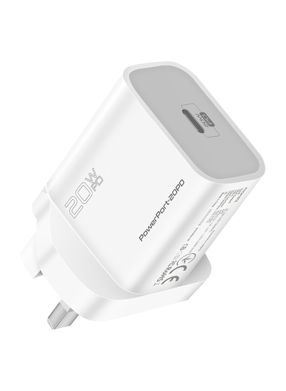 Promate UK Plug Wall Charger with 20W PD and USB Type-C Port for Smartphones, PowerPort-20PD, White