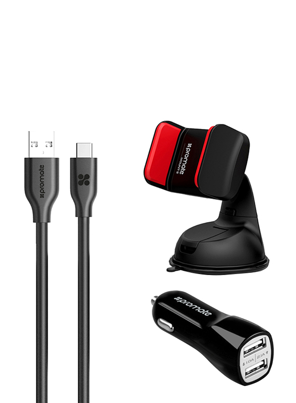 Promate AutoKit-HM 3-In-1 Car Kit, Potable 3.1A Dual USB Car Charger Adapter with USB Type-C to USB Data Sync Cable, Over Charging Protection and Car Phone Mount for Tablets and Mobile Phones, Black