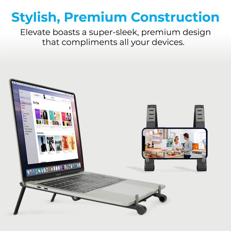 Promate Aluminum Multi-Angle Stand for MacBook Pro/iPad Pro/iPhone12/Galaxy S21, Anti-Slip Silicon Pads and Foldable Design, Elevate Grey