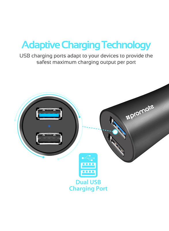 Promate Robust-QC3 Car Charger, Heavy-Duty Qualcomm Quick Charger 3.0 Dual USB Port Car Charger with Short Circuit and Over Charging Protection for GPS, iPod, Mobile Phones and Tablets, Black
