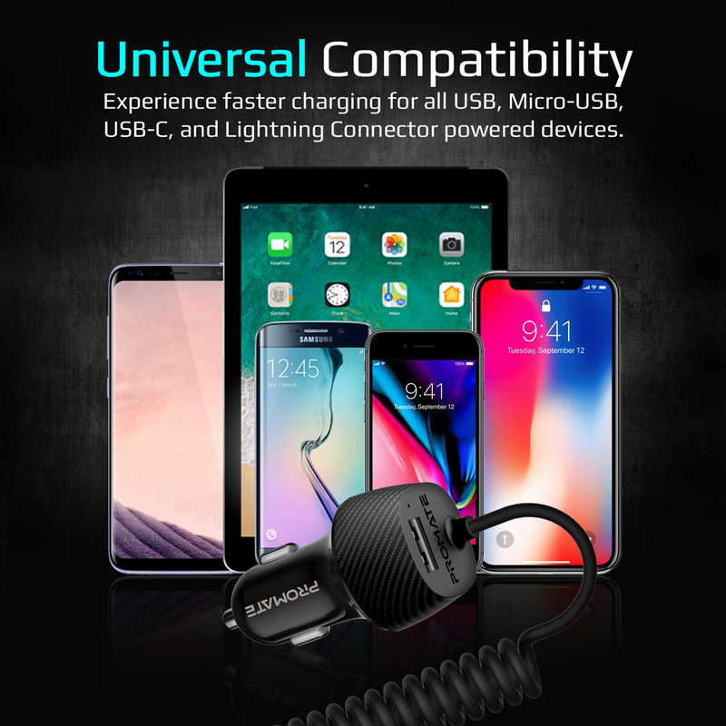 Promate VolTrip-UNI USB Car Charger with Cord, 3.4A Quick Charger Adapter with Built-In 3-in-1 Splitter USB-C, Micro-USB Charging Cable and 2.4A USB Port, for GPS, Mobile Phones and Tablets, Black