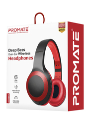 Promate Laboca Wireless Over-Ear Deep Bass Headphones with Built-in Mic, MicroSD Card Slot, Red