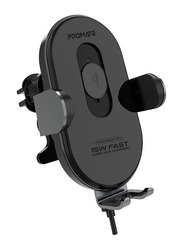 Promate Wireless Car Charger Mount with 15W Qi Smart Coil Alignment and Auto-Clamping, PowerMount-15W, Black