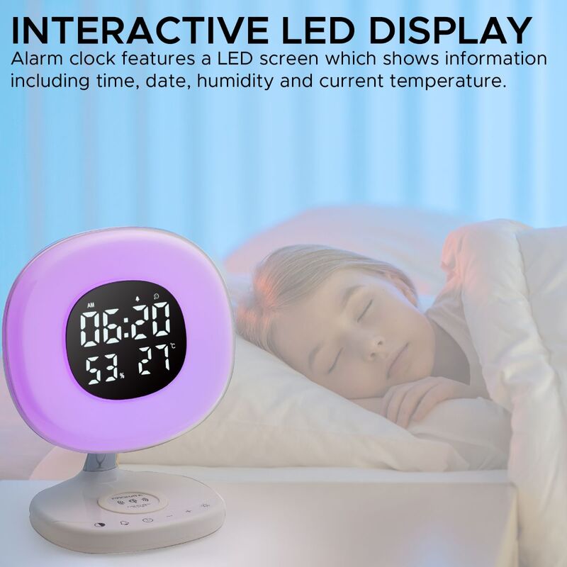 Promate AuraRise Wireless Charging Alarm Clock, Soothing Touch Control 6 Color LED Night Light, Wake-Up Digital Alarm Clock, 10W Fast Qi Wireless Charging for Home, Qi-Enabled Smartphones, White