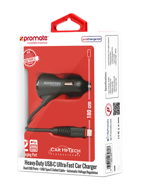 Promate ProCharge-C2 Car Charger, Fast 3.4a Dual USB Car Charger with Built-in 1.8m USB Coiled Cable, LED Indicator and Over-Heating Protection for GPS, MP3 Player, Mobile Phones and Tablets, Black