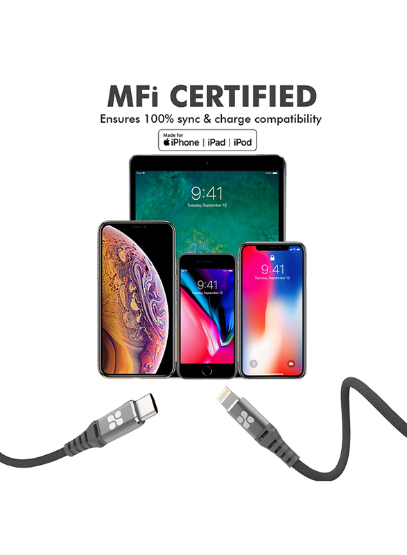 Promate 1.2-Meter PowerCord Lightning Cable, USB Type-C Male to Lightning Cable, Heavy Duty 29W Power Mesh-Armoured, Apple MFi Certified, Fast 3A Sync/Charge for Smartphones/Tablets/Laptops, Grey