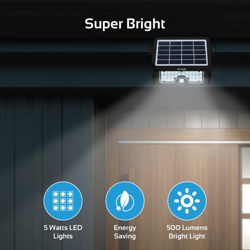 Promate Beacon-3 LED Solar Light, Wireless IP65 Water-Resistant Solar Spotlight Auto On/Off Wall Light, Dual Light Mode, 500 Lumen LED Light and PIR Motion Sensor for Patio/Deck/Yard/Garden, Black