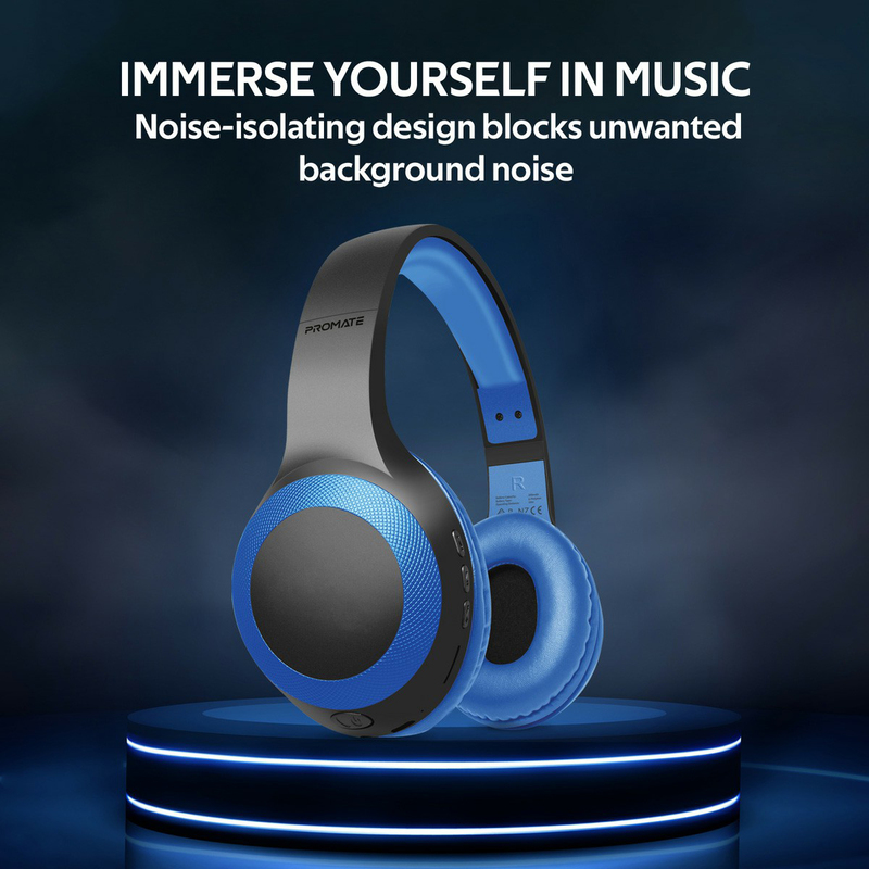 Promate Laboca Wireless Over-Ear Deep Bass Headphones with Built-in Mic, MicroSD Card Slot, Blue