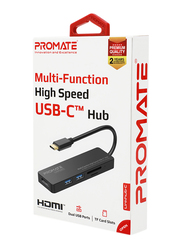 Promate LinkHub-C USB Type-C Hub for Apple MacBook Pro/Type-C laptop, High-Speed USB-C Adapter with 4K HDMI Full HD Port, SD/MicroSD Card Slot, 2 USB 3.0 Port and 5Gbps Transfer Speed, Black