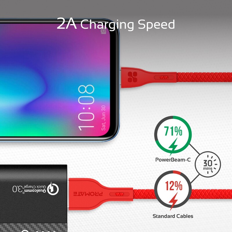 Promate 1.2-Meter PowerBeam-M Micro-USB Cable, 2A Fast USB A 2.0 Male to Micro-B USB, High-Quality Anti-Break, Charge/Sync, Anti-Tangle Cable for Samsung/HTC/Motorola/Nokia/MP3 Player, Red