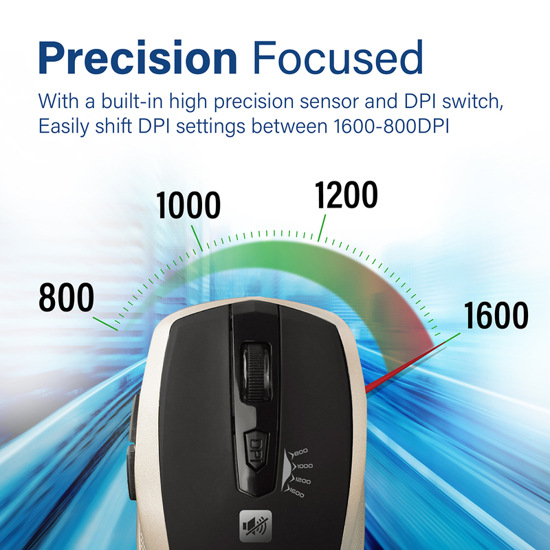 Promate Silent Wireless Optical Mouse with 6 Programmable Buttons, Breeze Gold