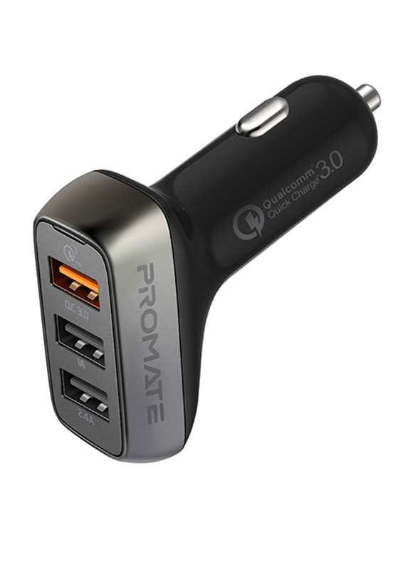 Promate Scud-C35 3 Port USB Car Charger, Fast 30W 3.4A Dual USB Car Charger Adapter with Qualcomm Quick Charger 3.0 USB Port and Over-Heating Protection for iPad, GPS, Mobile Phones and Tablets,Black