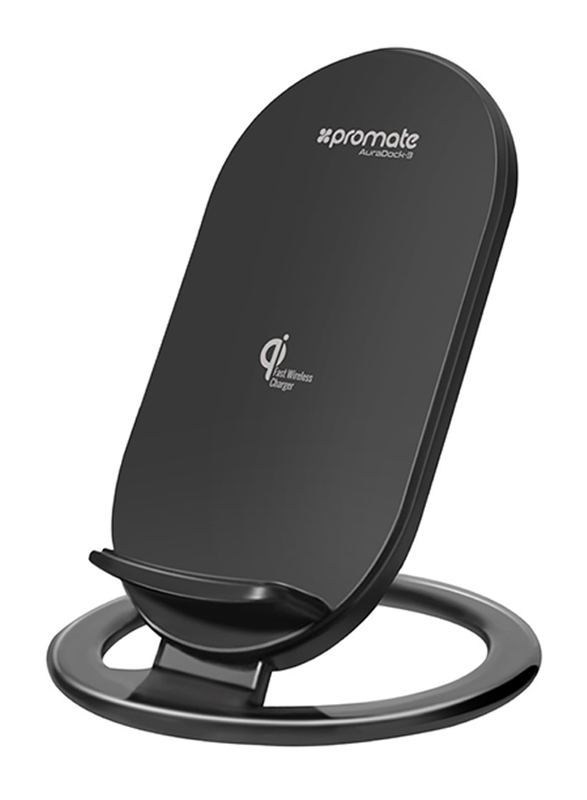 Promate AuraDock-3 Wireless Charger, 15W 2 Coils Qi Wireless Charging Pad with Detachable Stand and Over-Charging Protection for Mobile Phones, Black