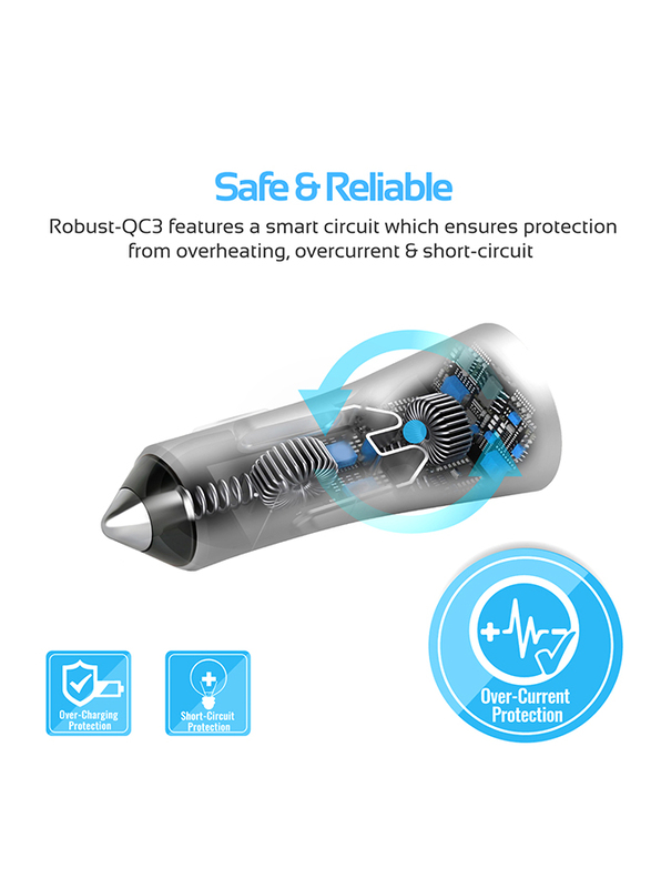 Promate Robust-QC3 Car Charger, Heavy-Duty Qualcomm Quick Charger 3.0 Dual USB Port Car Charger with Short Circuit and Over Charging Protection for GPS, iPod, Mobile Phones and Tablets, Silver