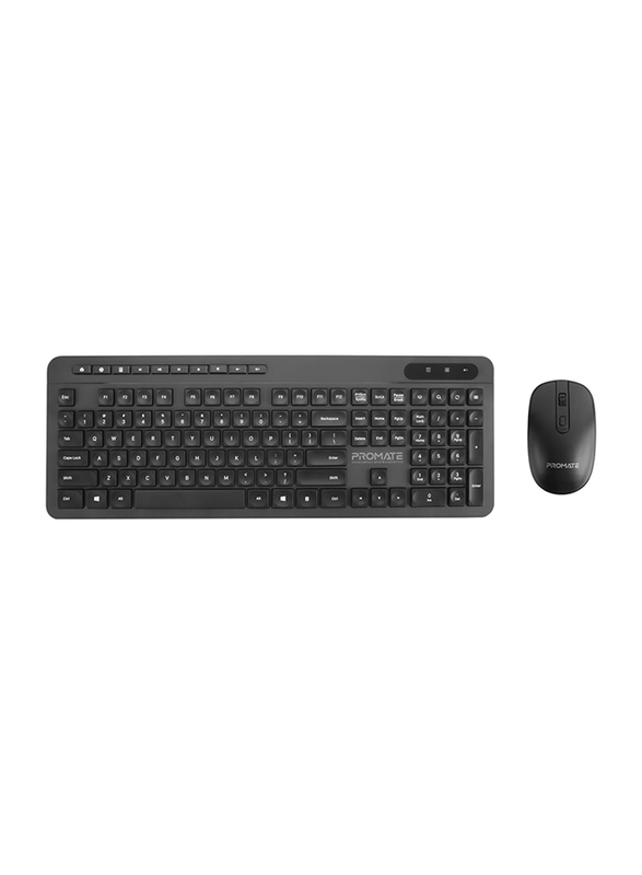Promate Wireless English Keyboard and Mouse Combo with USB Type-A/USB Type-C Nano Receiver, ProCombo-11, Black