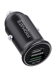 Promate Bullet-PD60 Super-Fast Type-C Power Delivery Car Charger, with 18W Quick Charge 3.0 USB Port, Aluminum Alloy and Over Charging Protection for MacBook/Laptops/iPhone/GPS, Black