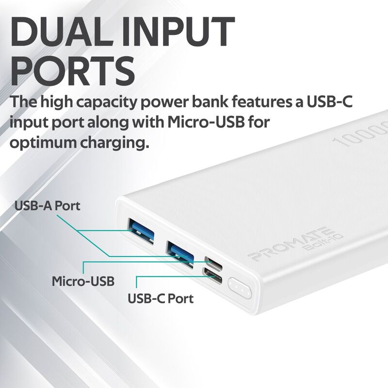 Promate 10000mAh Bolt-10 Portable Fast Charging 2.0A Dual USB Premium Battery Power Bank, with Input USB Type-C Port, Over Charging Protection, White