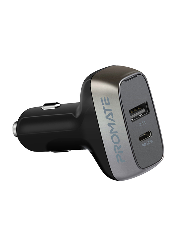 Promate Scud-PD42 Type-C Power Delivery Car Charger, 42W Fast Charging Cigarette Lighter Outlet Adapter with 5V/2.4A USB Port and Over-Charging Protection, for Laptops, Mobile Phones, iPad Pro, Black