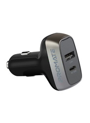 Promate Scud-PD42 Type-C Power Delivery Car Charger, 42W Fast Charging Cigarette Lighter Outlet Adapter with 5V/2.4A USB Port and Over-Charging Protection, for Laptops, Mobile Phones, iPad Pro, Black