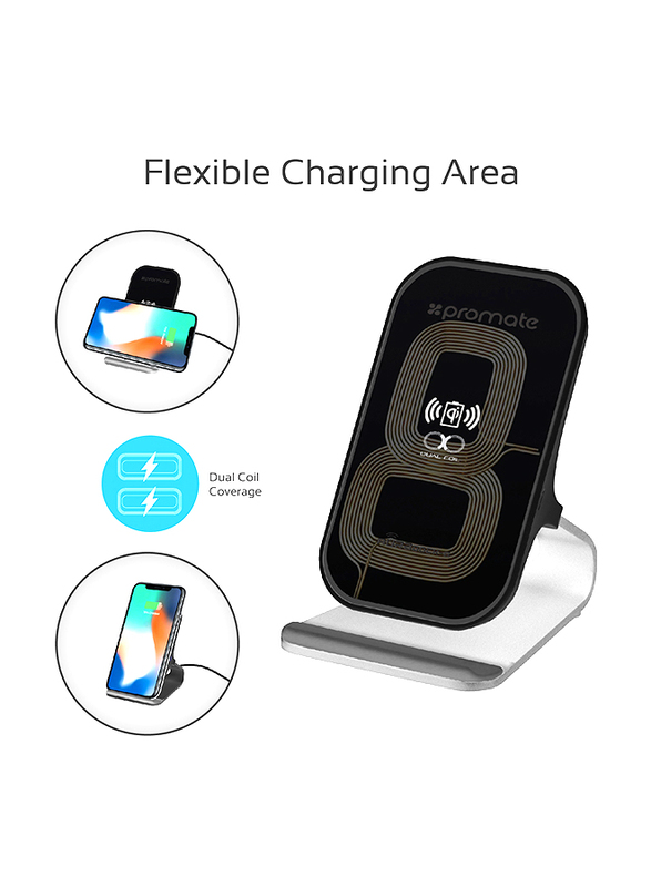 Promate AuraDock-6 Qi Wireless Charging, Fast 15W Wireless Charging Pad Stand with Dual Charging Coil, QC 3.0 Wall Charger, USB-C Sync Charge Cable and Multiple Charging Area, for Mobile Phones, Grey