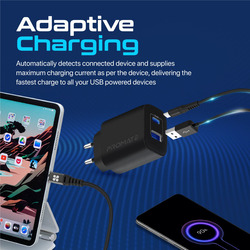 Promate USB-C EU Wall Adapter, Universal 17W Multi-Port Charger with 5V/3A Type-CPort, 5V/2.4A USB-A Port, BiPlug-2 EU, Black