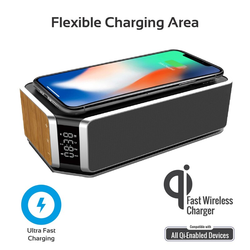 Promate AuraBoom Bluetooth Speaker, Powerful 10W with Qi Wireless Charging Station, TF Card Slot, Audio Jack, Built-In Mic, LED Alarm Clock, Time Display and FM Radio, Beige