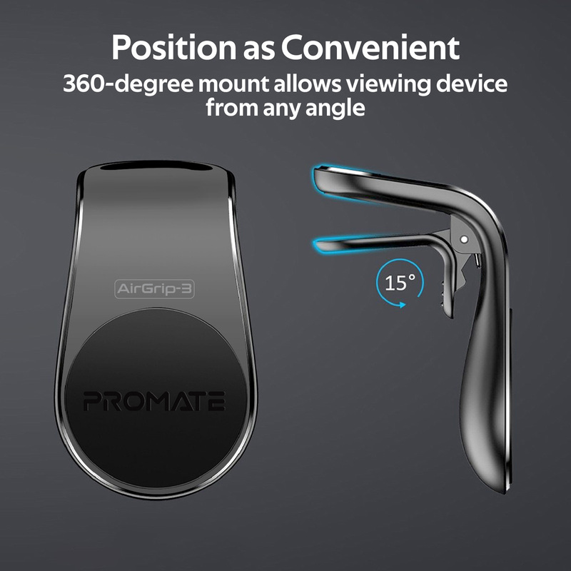Promate AirGrip-3 Universal Air Vent Magnetic Holder with Quick Clip Mounting, Secure Vent Grip, Anti-Slip and 360 Degree Rotation, GPS, Grey