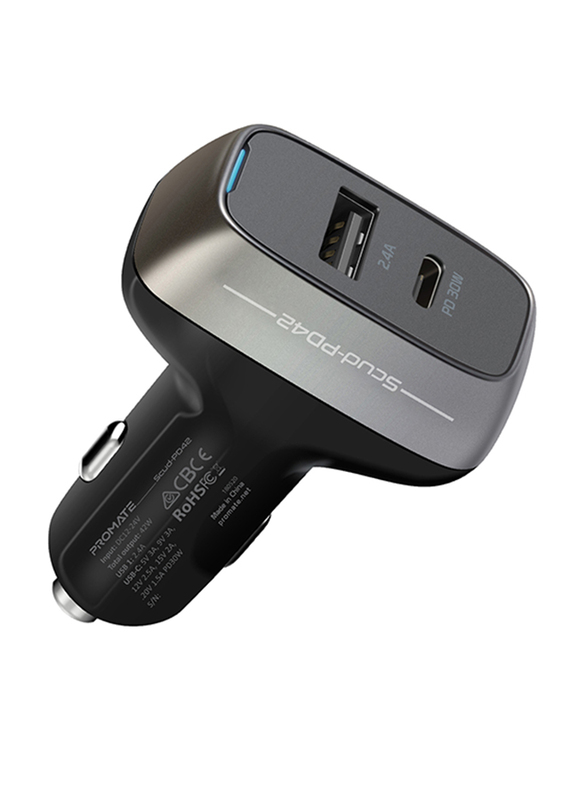 Promate Scud-PD42 Type-C Power Delivery Car Charger, 42W Fast Charging Cigarette Lighter Outlet Adapter with 5V/2.4A USB Port and Over-Charging Protection, for Laptops, Mobile Phones, iPad Pro, Black