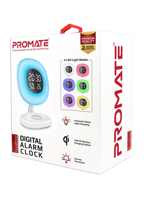 Promate AuraRise Wireless Charging Alarm Clock, Soothing Touch Control 6 Color LED Night Light, Wake-Up Digital Alarm Clock, 10W Fast Qi Wireless Charging for Home, Qi-Enabled Smartphones, White