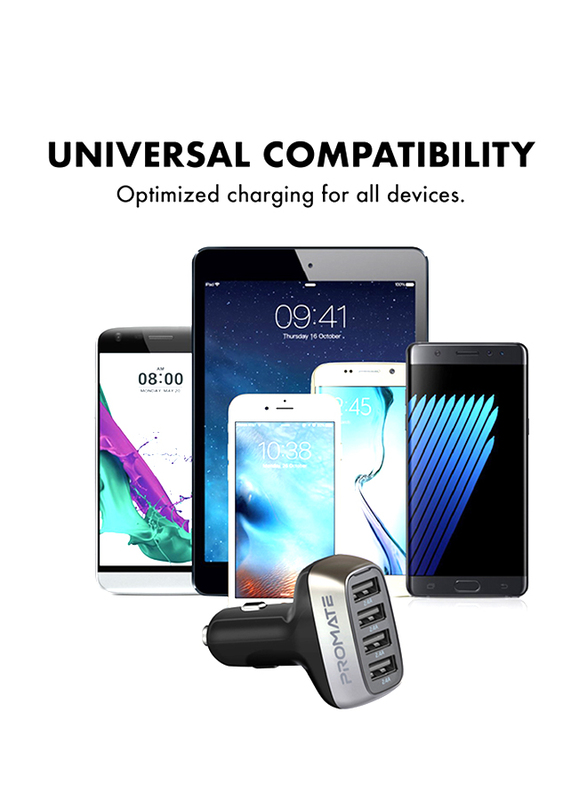 Promate Scud-48 Car Charger Adapter, 48W USB Smart Car Charger with 9.6A Super Speed 4 USB Charging Port and Short-Circuit Protection for iPad Pro, Mobile Phones and Tablets, Black