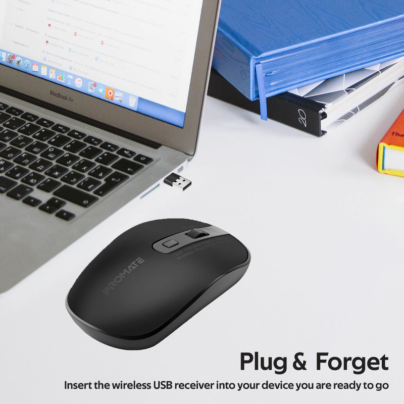 Promate Suave-2 USB Type-C/Type-A Wireless Ergonomic Optical Mouse, Black