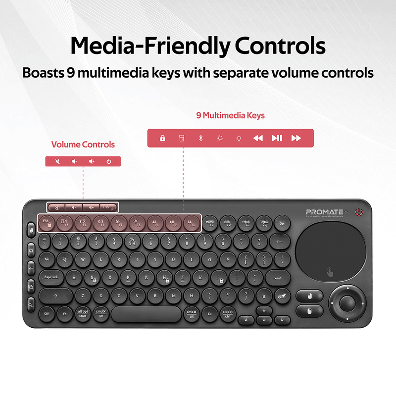 Promate KeyPad-1 All-In-One 2.4Ghz Wireless/Bluetooth v5.0 Multimedia English Keyboard with Built-In Touchpad Mouse, Precision Tracking, Multi-Device Pairing and IR TV Remote Controller, Black