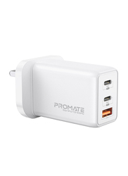 Promate GaNPort3-65PD Dual USB Type-C Fast Charging Wall Adapter with 30W USB-A Charging Port, Over-Charging Protection for MacBook Pro/iPhone 12 Series/iPad Pro/iPad Air, White