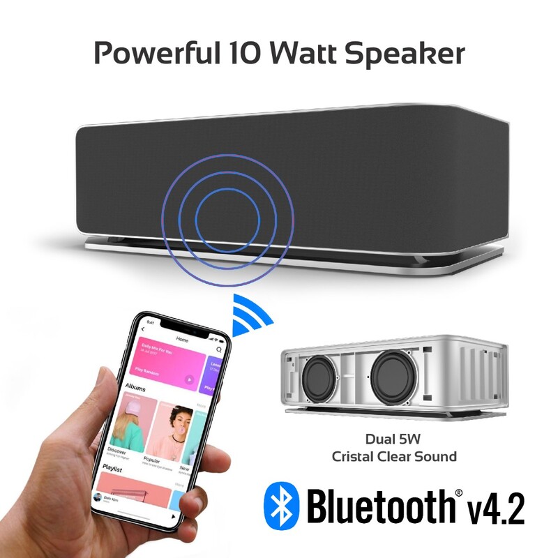 Promate AuraBoom Bluetooth Speaker, Powerful 10W with Qi Wireless Charging Station, TF Card Slot, Audio Jack, Built-In Mic, LED Alarm Clock, Time Display and FM Radio, Beige