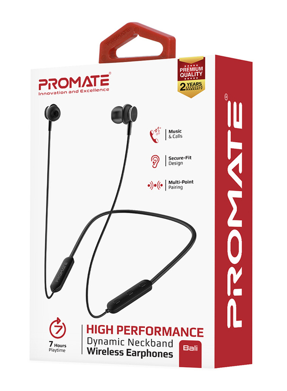 Promate Bali Bluetooth In-Ear Neckband Earphones with Built-in Hi-Res Mic, Magnetic Closure, Black