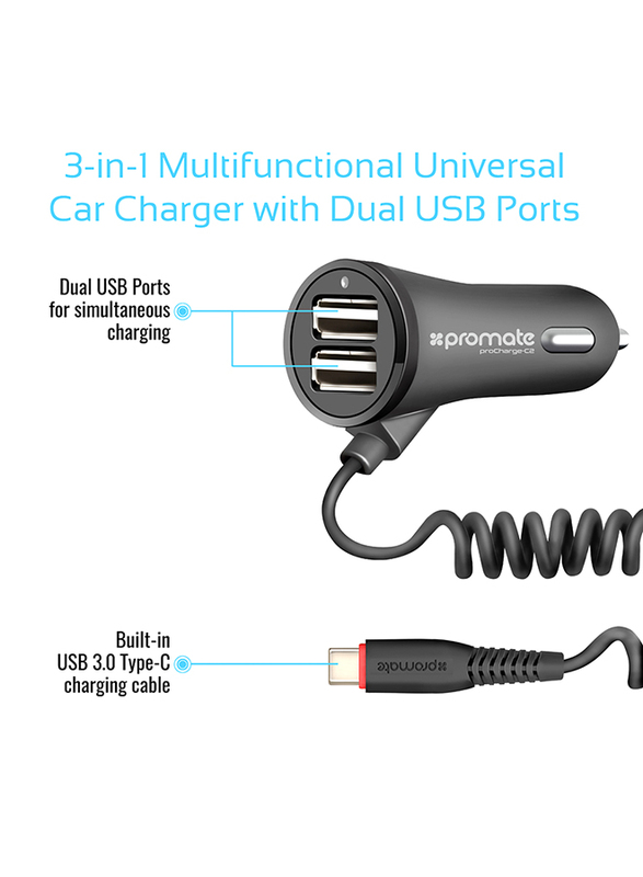 Promate ProCharge-C2 Car Charger, Fast 3.4a Dual USB Car Charger with Built-in 1.8m USB Coiled Cable, LED Indicator and Over-Heating Protection for GPS, MP3 Player, Mobile Phones and Tablets, Black
