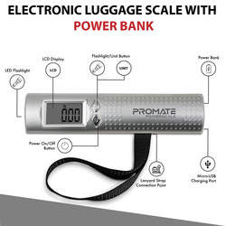 Promate 2600mAh PowerScale Power Bank, Multi-Function 3-in-1 Digital Luggage Scale, Silver