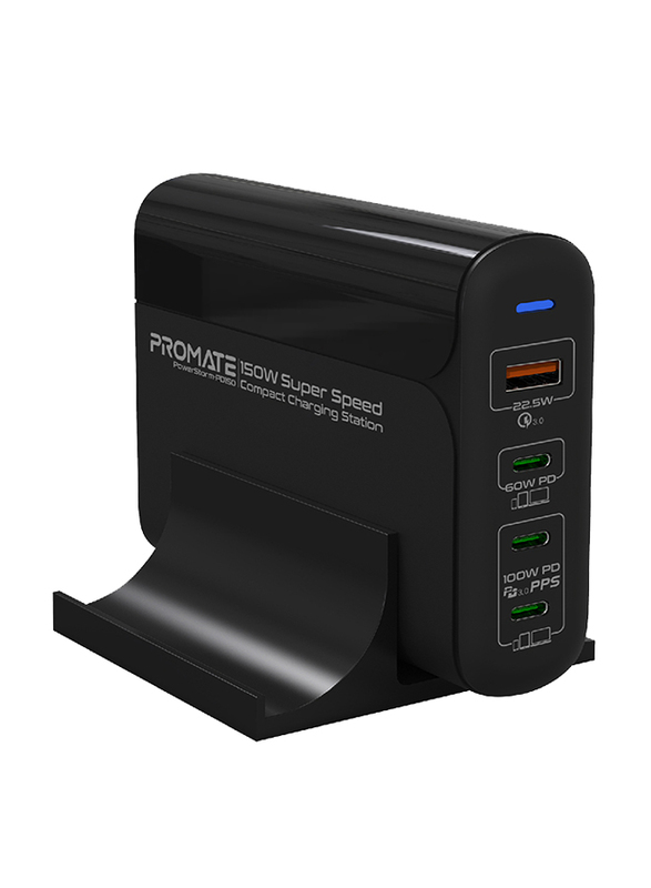 Promate 4-in-1 UK Plug Wall Charger, Quick Charge 3.0 Port with USB-C and Removable Stand, PowerStorm-PD150 UK, Black