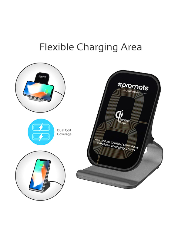 Promate AuraDock-5 Type-C Wireless Charger, Qi-Certified Dual Coil Aluminium 10W Single Port Charger Stand with Qualcomm QC 3.0 Wall Adapter and USB Sync Charge Cable, for Mobile Phones, Grey