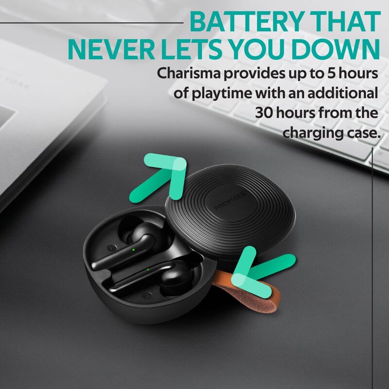 Promate Charisma True Wireless In-Ear Earbuds, Bluetooth 5.0, Stylish TWS Stereo with Touch Control, Charging Case, Anti-Drop Ear Hooks, 24H Playtime and Built-In Mic, Black