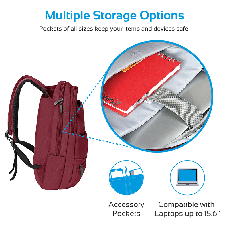 Promate Apollo-BP Laptop Backpack, Slim Lightweight Dual Pocket Water Resistance with Multiple Compartment and Anti-Theft Pocket for 15.6 Inch Laptops, Tablets, Red