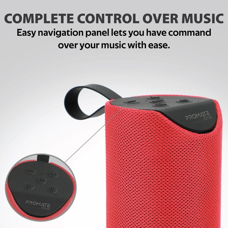 Promate Chill Portable Wireless Bluetooth v5.0 Stereo Speaker with 6W HD Sound, Built-In Mic, Micro SD Card Slot, In-Line AUX and 1200mAh Rechargeable Battery, Maroon